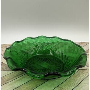 1950s Anchor Hocking Emerald Green Starburst Glass Footed Serving Dish Bowl 6.5”